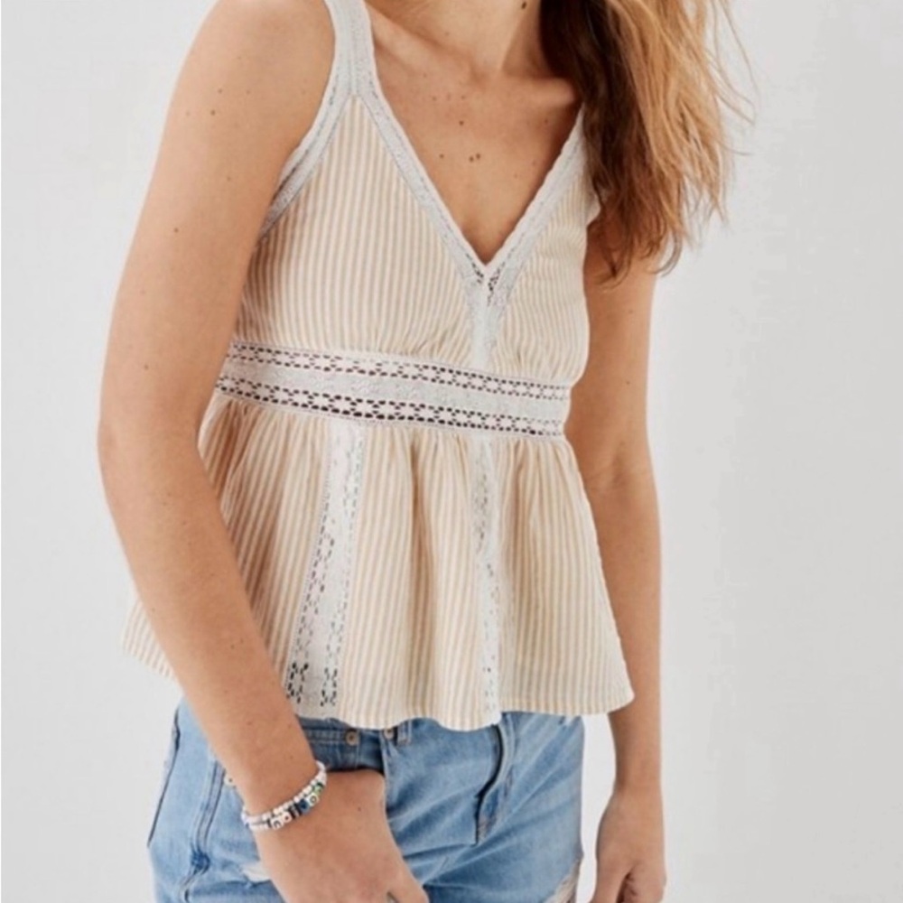 American Eagle Tan & Cream Striped Lace Cropped Babydoll Tank Top (XL)